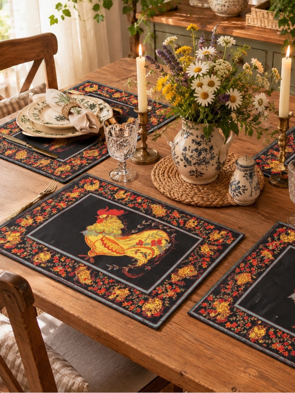 April Cornell Vintage Set of 4 100% Cotton Rooster Placemats Floral Cottagecore